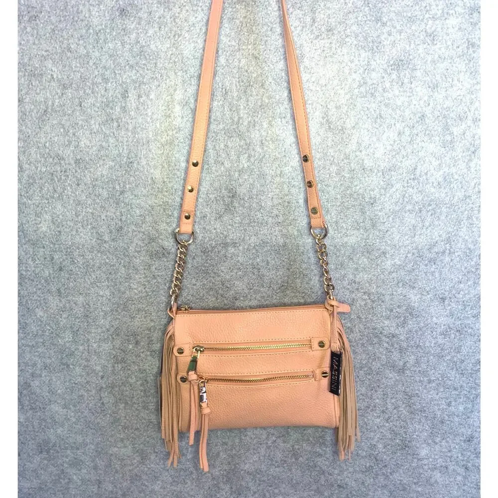 NWT Massini Crossbody Bag Peach Pink Vegan Leather With Fringe Gold Hardware